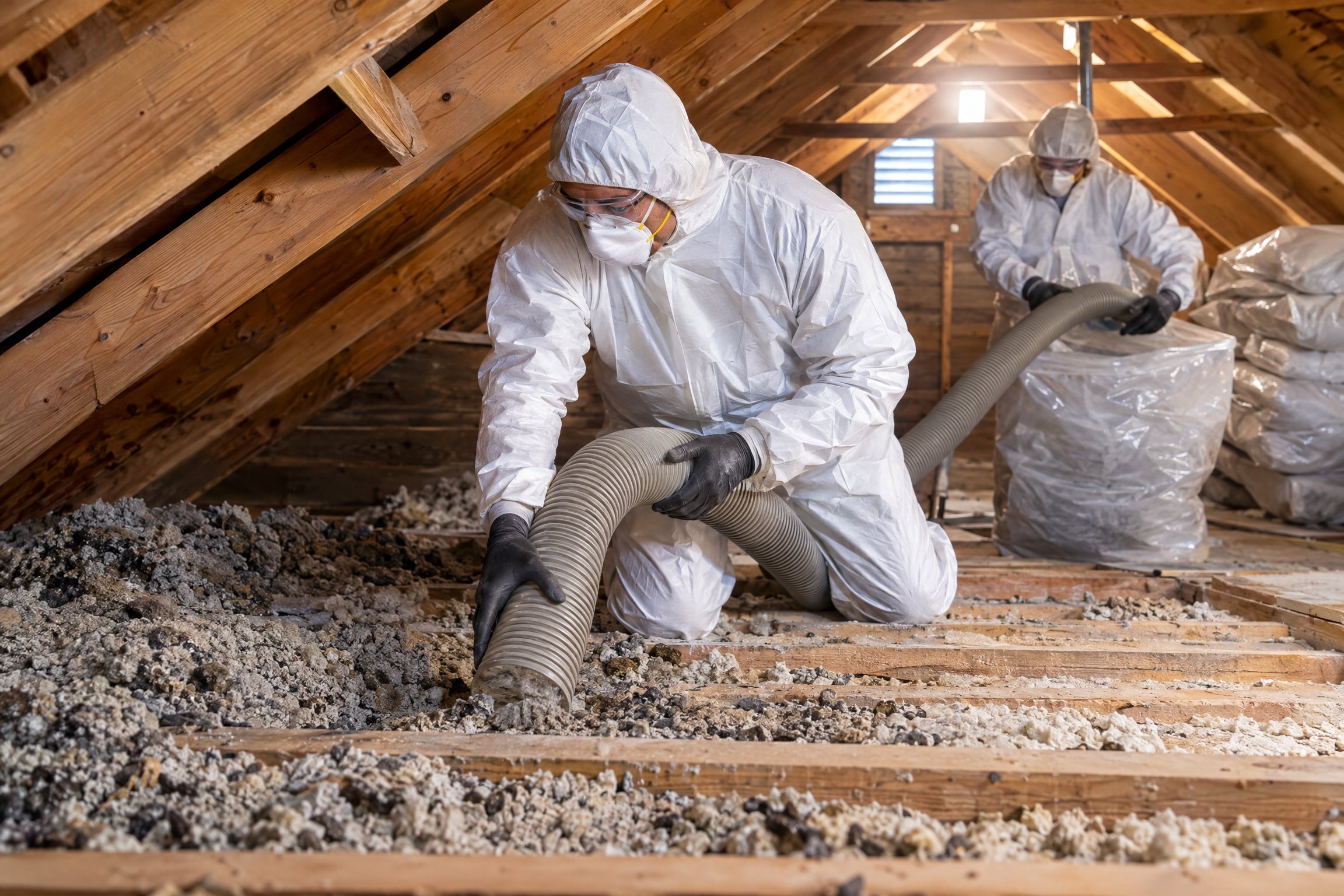 Technicians removing damaged attic insulation
