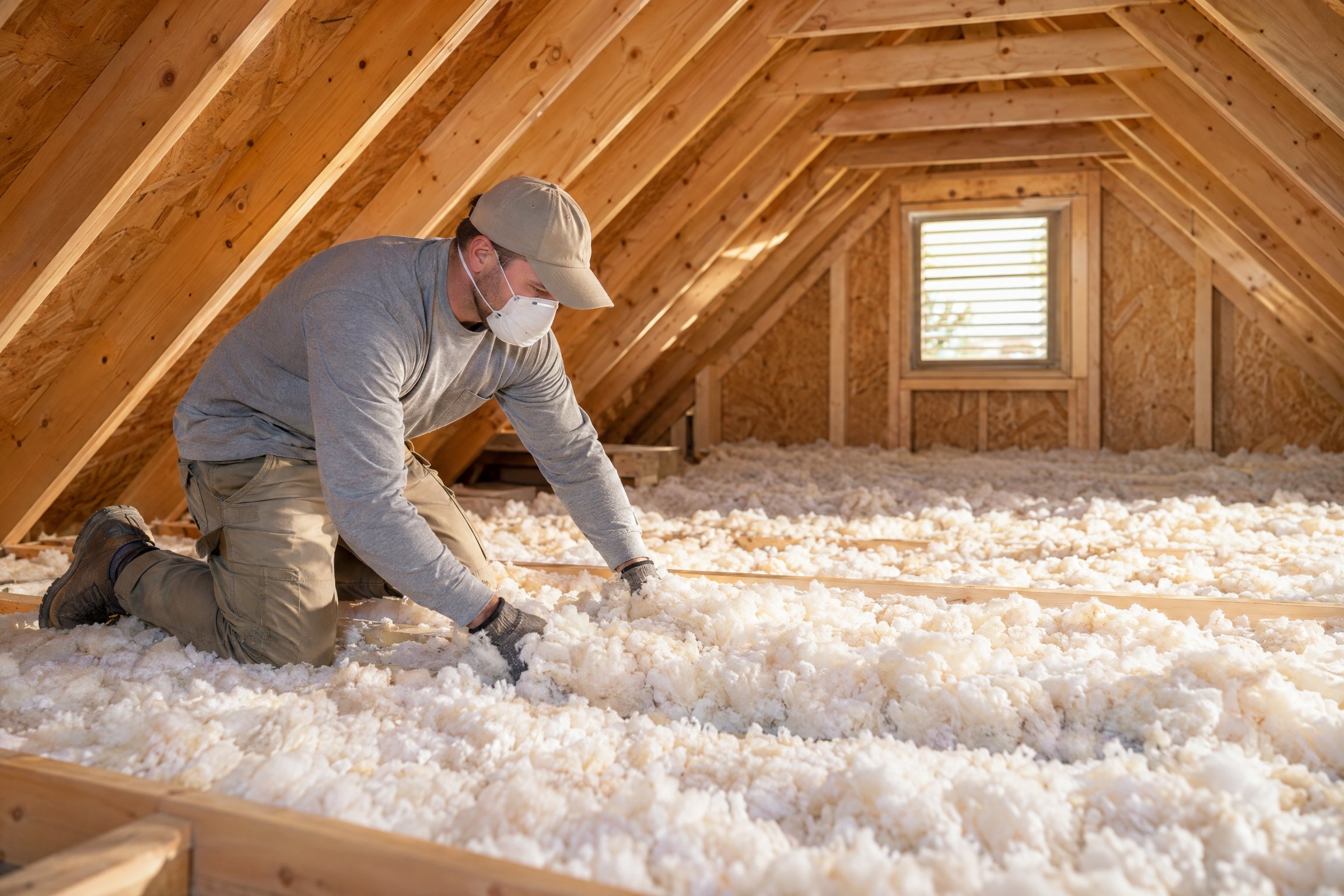 Fresh attic insulation being installed after remediation