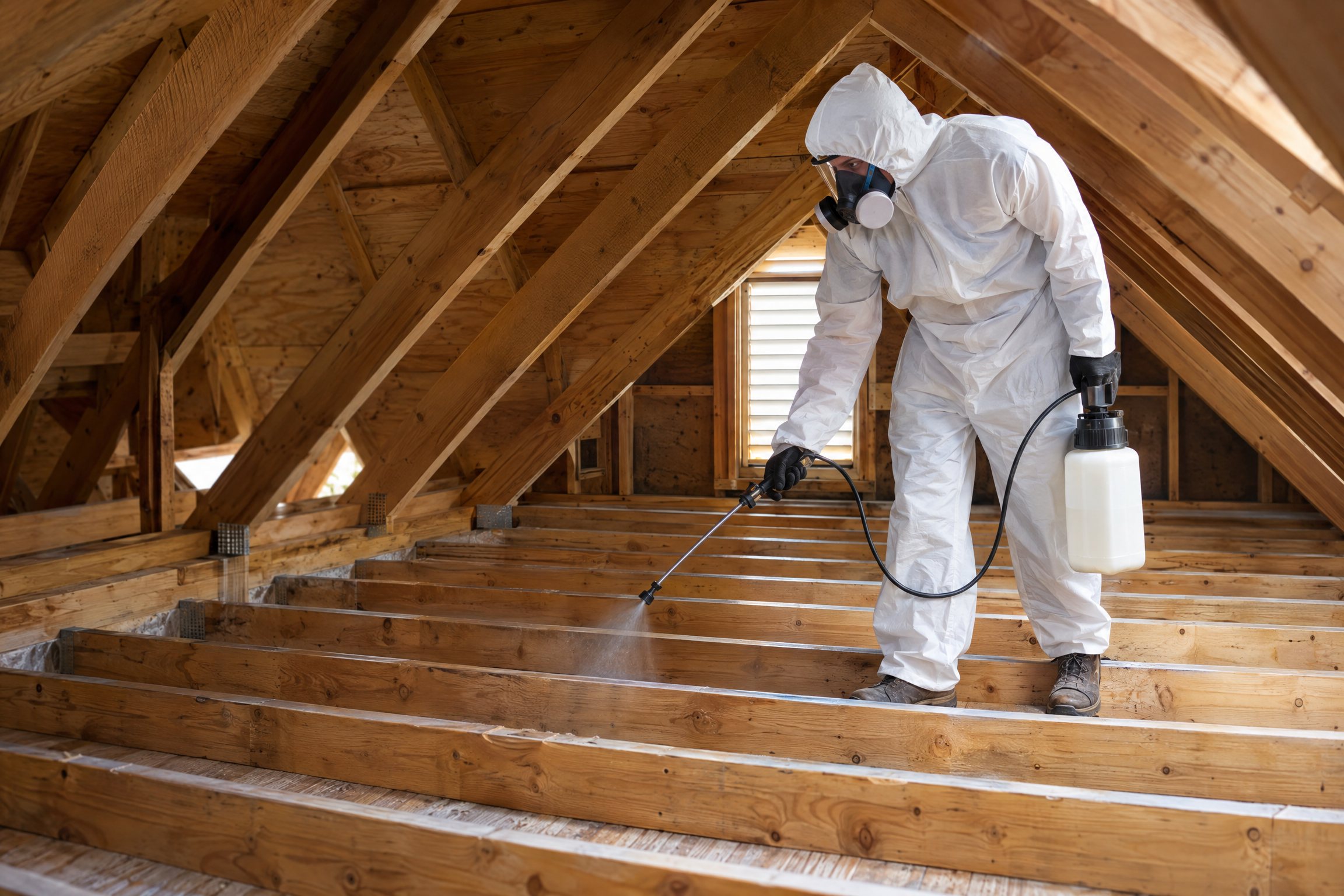 Technician treating an attic after wildlife cleanup